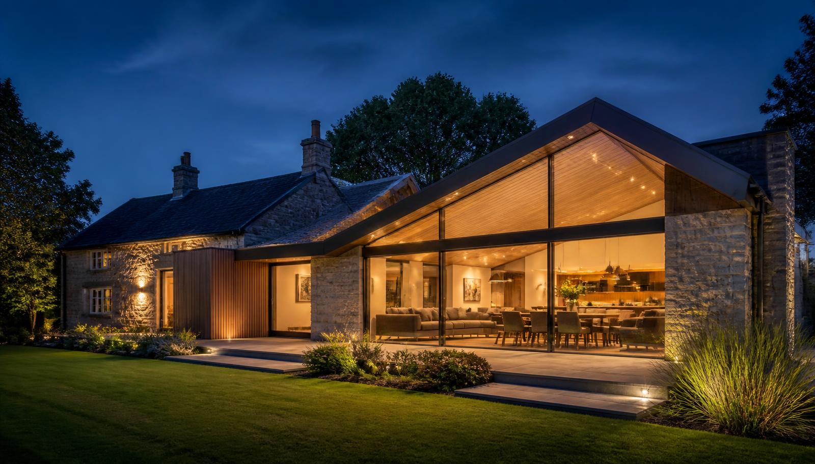 Stylish modern home extension at dusk with warm interior lighting